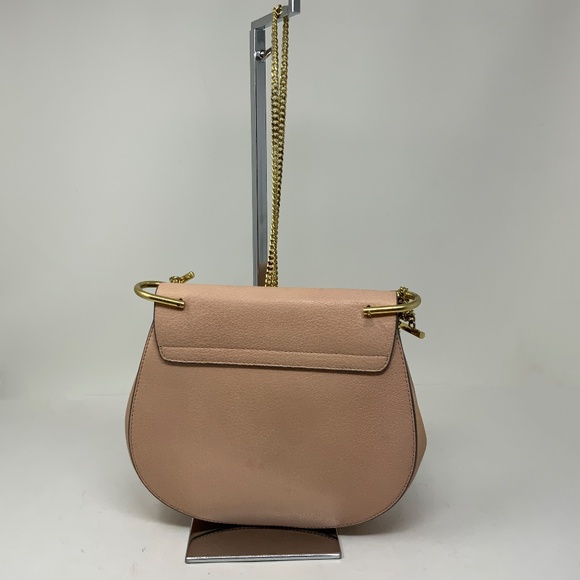 Chloe Drew Genuine Leather Foldover Crossbody Saddle Purse Bag Pink Cream Gold - Picture 5 of 8